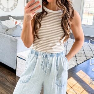 Light cotton vintage white light gold brown stripe tank